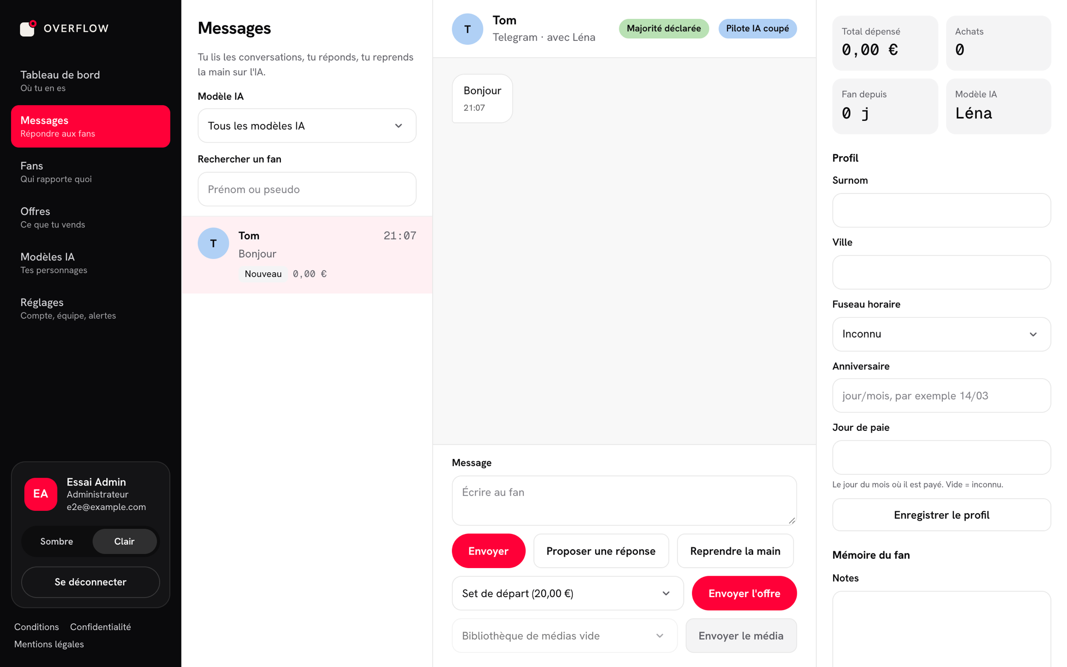 The Overfloww Messages screen: the conversation list, the exchange with a fan, the Send, Suggest a reply and Take over buttons, and the fan's record with their total spend.