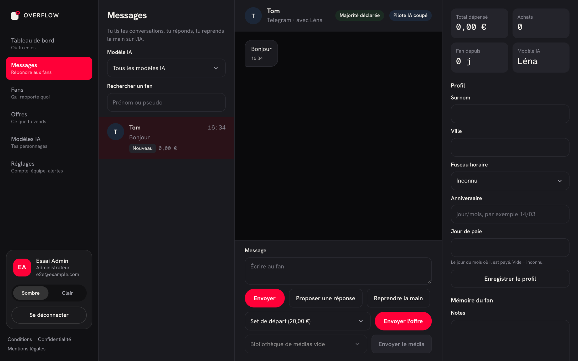 The Overfloww Messages screen: the conversation list, the exchange with a fan, the Send, Suggest a reply and Take over buttons, and the fan's record with their total spend.